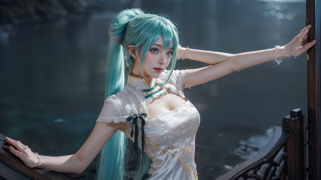 masterpiece,Game Art,Best picture quality,Maximum resolution,8k,(Upper Body),Unreal Engine 5 rendering works,Ray Tracing,RAW photos,(((Hatsune Miku Character))), (((Tosca Hair Color))), ((Long double ponytail hairstyle)), Enjoy the scenery, Focus on the Horizon, (((Perfect eyes))), (((Smile))), 21-year-old girl, Perfect body, (((Perfect anatomical structure))), Tosca Eye Color, Double eyelids, (((Small breasts))), Very detailed skin texture, (Realistic skin), Ultra-fine face, Delicate lips, (((Delicate eyes))), (((Double eyelids))), necklace, Moist skin, Wet hair, Simple background, (Front focus), (On the peaks:1.2), (((Night Atmosphere))), Deep Dark, Surrealist Portraits of Women by David Hockney and Alphonse Mucha, Fantasy Art, (((Photo-realistic))), ((Dynamic poses)), (((World Model Poses))), Dynamic Lighting, Art Station, poster, Volumetric Lighting, Very detailed faces, 4K, in the darkness, (((Night Atmosphere))), ((Deep Shadows)), Low profile, Cowboy shooting, (((Red long skirt))), Lighting Dress, (((Erotic lace dress))), (((stocking))),((3D Unreal Engine)),OC rendering reflection mode