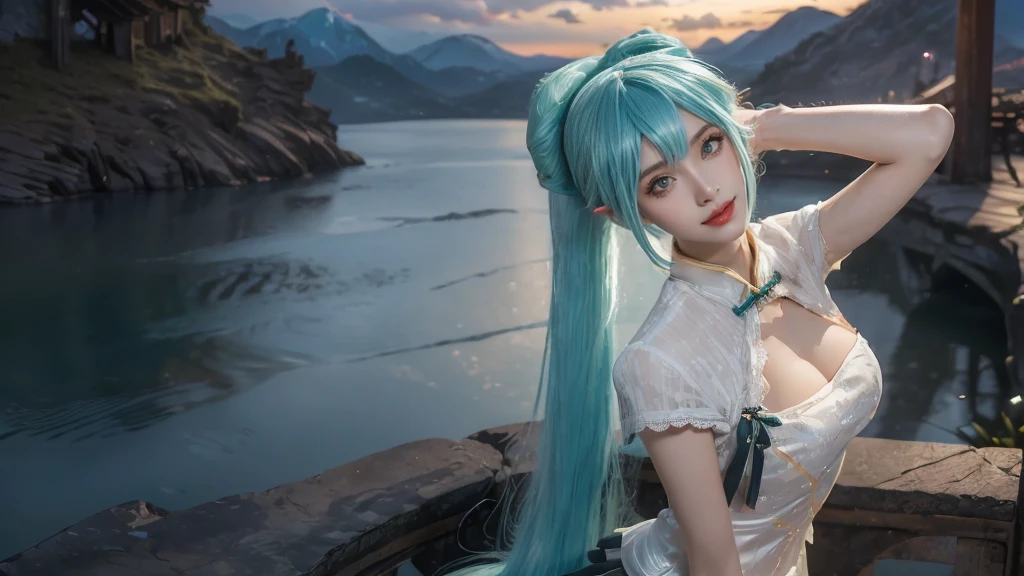 masterpiece,Game Art,Best picture quality,Maximum resolution,8k,(Upper Body),Unreal Engine 5 rendering works,Ray Tracing,RAW photos,(((Hatsune Miku Character))), (((Tosca Hair Color))), ((Long double ponytail hairstyle)), Enjoy the scenery, Focus on the Horizon, (((Perfect eyes))), (((Smile))), 21-year-old girl, Perfect body, (((Perfect anatomical structure))), Tosca Eye Color, Double eyelids, (((Small breasts))), Very detailed skin texture, (Realistic skin), Ultra-fine face, Delicate lips, (((Delicate eyes))), (((Double eyelids))), necklace, Moist skin, Wet hair, Simple background, (Front focus), (On the peaks:1.2), (((Night Atmosphere))), Deep Dark, Surrealist Portraits of Women by David Hockney and Alphonse Mucha, Fantasy Art, (((Photo-realistic))), ((Dynamic poses)), (((World Model Poses))), Dynamic Lighting, Art Station, poster, Volumetric Lighting, Very detailed faces, 4K, in the darkness, (((Night Atmosphere))), ((Deep Shadows)), Low profile, Cowboy shooting, (((Red long skirt))), Lighting Dress, (((Erotic lace dress))), (((stocking))),((3D Unreal Engine)),OC rendering reflection mode