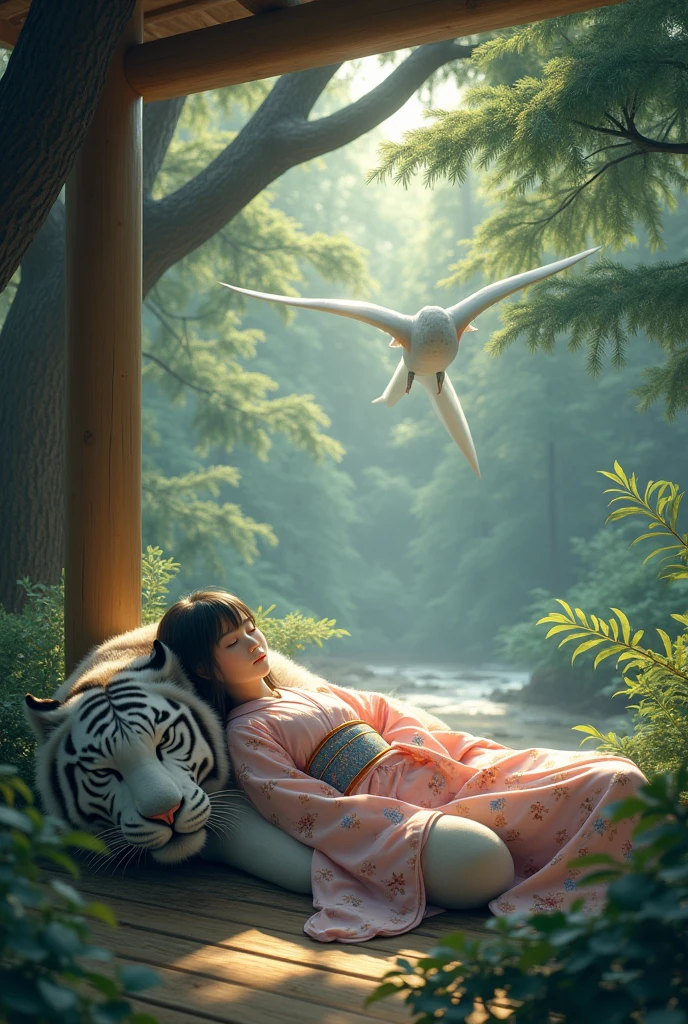 A space black-haired fairy girl in a kimono smiles and sleeps. A wooden Zen temple in the forest. Under the pine trees., An oriental dragon,A large white tiger gently guards