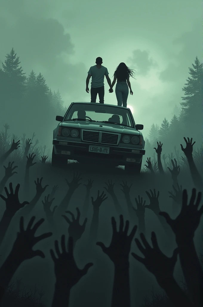 
2. "The scene of a couple preparing to jump from a car as a horde of zombies gathers below, with a siren wailing in the distance, creating a contrast between chaos and hope."
