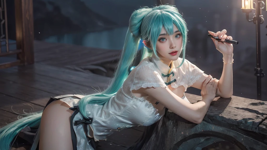 masterpiece,Game Art,Best picture quality,Maximum resolution,8k,(Upper Body),Unreal Engine 5 rendering works,Ray Tracing,RAW photos,(((Hatsune Miku Character))), (((Tosca Hair Color))), ((Long double ponytail hairstyle)), Enjoy the scenery, Focus on the Horizon, (((Perfect eyes))), (((Smile))), 21-year-old girl, Perfect body, (((Perfect anatomical structure))), Tosca Eye Color, Double eyelids, (((Small breasts))), Very detailed skin texture, (Realistic skin), Ultra-fine face, Delicate lips, (((Delicate eyes))), (((Double eyelids))), necklace, Moist skin, Wet hair, Simple background, (Front focus), (On the peaks:1.2), (((Night Atmosphere))), Deep Dark, Surrealist Portraits of Women by David Hockney and Alphonse Mucha, Fantasy Art, (((Photo-realistic))), ((Dynamic poses)), (((World Model Poses))), Dynamic Lighting, Art Station, poster, Volumetric Lighting, Very detailed faces, 4K, in the darkness, (((Night Atmosphere))), ((Deep Shadows)), Low profile, Cowboy shooting, (((Red long skirt))), Lighting Dress, (((Erotic lace dress))), (((stocking))),((3D Unreal Engine)),OC rendering reflection mode