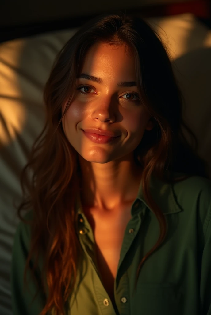 photographie, 8k, young woman with long hair looking at the viewer, la nuit, avec un grand sourire, espangole, wearing a green shirt, comforting, attentive, belle, jolie, dans une chambre sombre, nez droit, Texture de peau réaliste, pores de la peau, Lumière naturelle, couleurs chaudes, meilleure qualité, Haute résolution, détaillée, Sexy mais pas trop