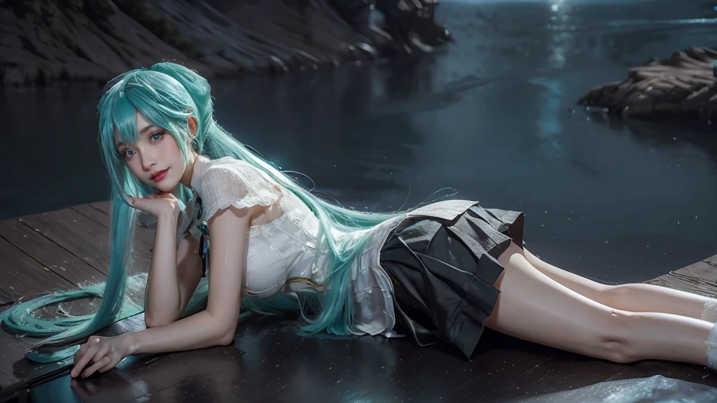 masterpiece,Game Art,Best picture quality,Maximum resolution,8k,(Upper Body),Unreal Engine 5 rendering works,Ray Tracing,RAW photos,(((Hatsune Miku Character))), (((Tosca Hair Color))), ((Long double ponytail hairstyle)), Enjoy the scenery, Focus on the Horizon, (((Perfect eyes))), (((Smile))), 21-year-old girl, Perfect body, (((Perfect anatomical structure))), Tosca Eye Color, Double eyelids, (((Small breasts))), Very detailed skin texture, (Realistic skin), Ultra-fine face, Delicate lips, (((Delicate eyes))), (((Double eyelids))), necklace, Moist skin, Wet hair, Simple background, (Front focus), (On the peaks:1.2), (((Night Atmosphere))), Deep Dark, Surrealist Portraits of Women by David Hockney and Alphonse Mucha, Fantasy Art, (((Photo-realistic))), ((Dynamic poses)), (((World Model Poses))), Dynamic Lighting, Art Station, poster, Volumetric Lighting, Very detailed faces, 4K, in the darkness, (((Night Atmosphere))), ((Deep Shadows)), Low profile, Cowboy shooting, (((Red long skirt))), Lighting Dress, (((Erotic lace dress))), (((stocking))),((3D Unreal Engine)),OC rendering reflection mode