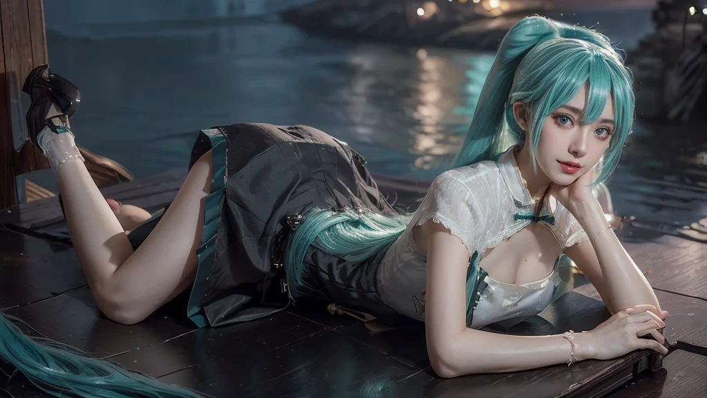 masterpiece,Game Art,Best picture quality,Maximum resolution,8k,(Upper Body),Unreal Engine 5 rendering works,Ray Tracing,RAW photos,(((Hatsune Miku Character))), (((Tosca Hair Color))), ((Long double ponytail hairstyle)), Enjoy the scenery, Focus on the Horizon, (((Perfect eyes))), (((Smile))), 21-year-old girl, Perfect body, (((Perfect anatomical structure))), Tosca Eye Color, Double eyelids, (((Small breasts))), Very detailed skin texture, (Realistic skin), Ultra-fine face, Delicate lips, (((Delicate eyes))), (((Double eyelids))), necklace, Moist skin, Wet hair, Simple background, (Front focus), (On the peaks:1.2), (((Night Atmosphere))), Deep Dark, Surrealist Portraits of Women by David Hockney and Alphonse Mucha, Fantasy Art, (((Photo-realistic))), ((Dynamic poses)), (((World Model Poses))), Dynamic Lighting, Art Station, poster, Volumetric Lighting, Very detailed faces, 4K, in the darkness, (((Night Atmosphere))), ((Deep Shadows)), Low profile, Cowboy shooting, (((Red long skirt))), Lighting Dress, (((Erotic lace dress))), (((stocking))),((3D Unreal Engine)),OC rendering reflection mode