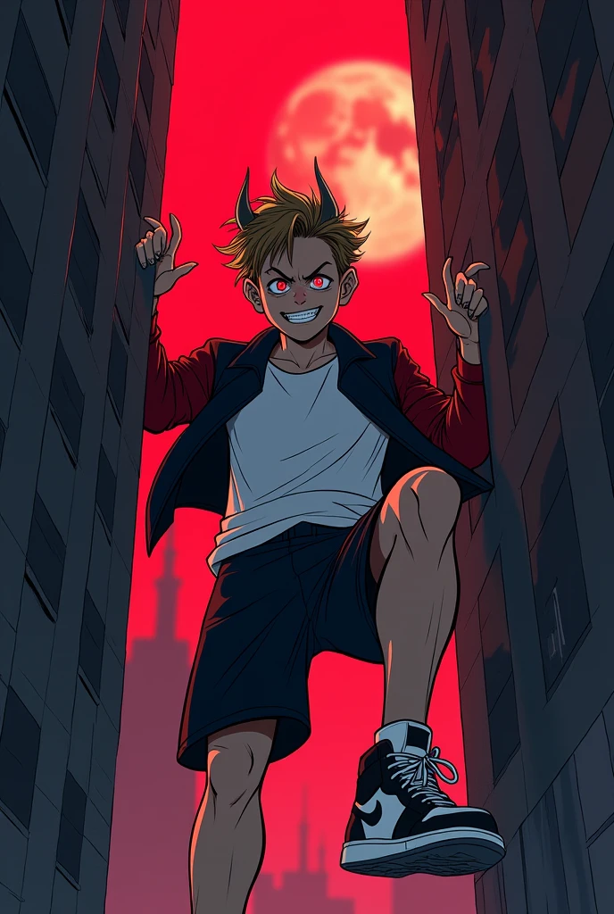 generates a scene of suspense and terror, cartoon style, a male character, light brown, of hair, negro, very short pointed,backward, with horns coming out of his forehead and are the color of his skin, which is bathed in a deep red light, His eyes are black and bright red, He is wearing a white loose t-shirt, a jacket with a collar, black and red, Black shorts and large Jordan-style sneakers. He is climbing a building with his bare hands, A smile can be seen on his face. The setting is a city in modern times, at night, There is a blood moon and all the lighting is red. The character's expression of hatred creates an atmosphere of suspense and fear.. three-dimensional effect, subtle horror movie style, noise effect. {{mix of bold dark lines and loose lines}}, isometric, three-dimensional effect, cinematic lighting.