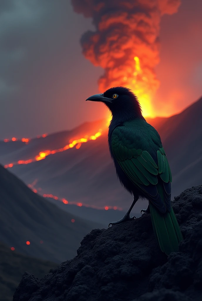 Black and green grosbeak, watching a landscape of an active volcano, at night