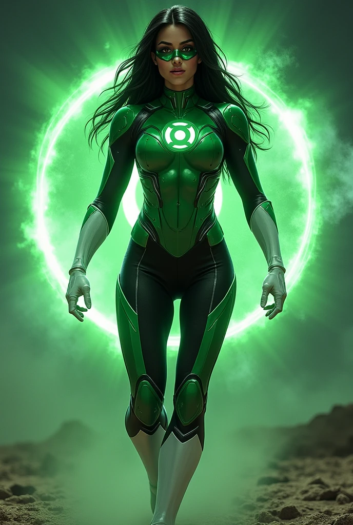 Green Lantern, 1girl, long black hair, mexican american, green tech armor with black accents, green lantern insignia, black pants, white boots and gloves, aura, light, space, green lantern tatto on right eye