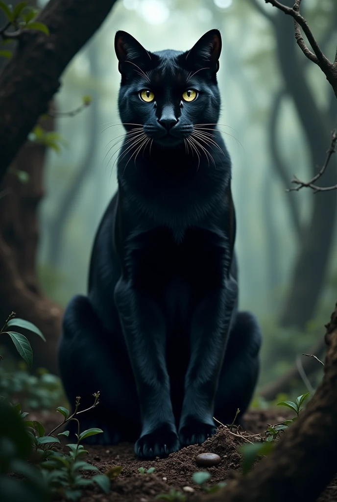 A black cat, lying like a sphinx in a majestic pose like a panther, watching me amidst a shadowy forest..