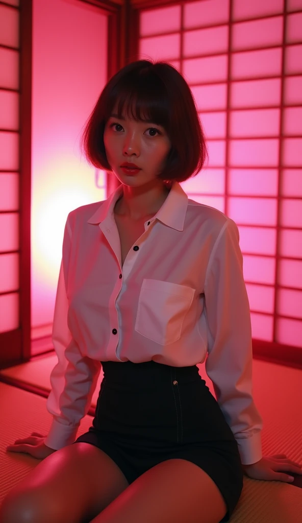 ((Japanese actress))　Mature Woman　((Plump, Red lips with lipstick))　Big Breasts　((Short brown hair with bangs))　((Looking into the camera))　Sit with your legs apart　((White button shirt and black enamel tight skirt))　　Low angle shot of a person standing facing forward　Looking down　((A bedroom with shoji screens and tatami tatami lit up with pink neon lights))　whole body