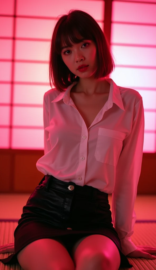 ((Japanese actress)) Mature Woman ((Plump, Red lips with lipstick)) Big Breasts ((Short brown hair with bangs)) ((Looking into the camera)) Sit with your legs apart ((White button shirt and black enamel tight skirt)) Low angle shot of a person standing facing forward Looking down ((A bedroom with shoji screens and tatami tatami lit up with pink neon lights)) whole body