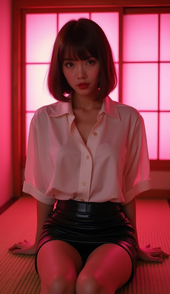 ((Japanese actress)) Mature Woman ((Plump, Red lips with lipstick)) Big Breasts ((Short brown hair with bangs)) ((Looking into the camera)) Sit with your legs apart ((White button shirt and black enamel tight skirt)) Low angle shot of a person standing facing forward Looking down ((A bedroom with shoji screens and tatami tatami lit up with pink neon lights)) whole body