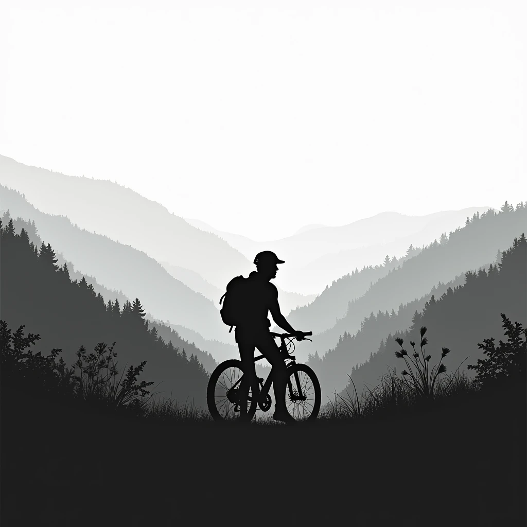 black and white images of a solitary biker with a peaceful landscape in the background