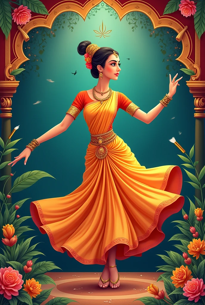 Please generate a poster background with instrument Veena, a microphone, a girl dancing mohiniyattam , a painting brush