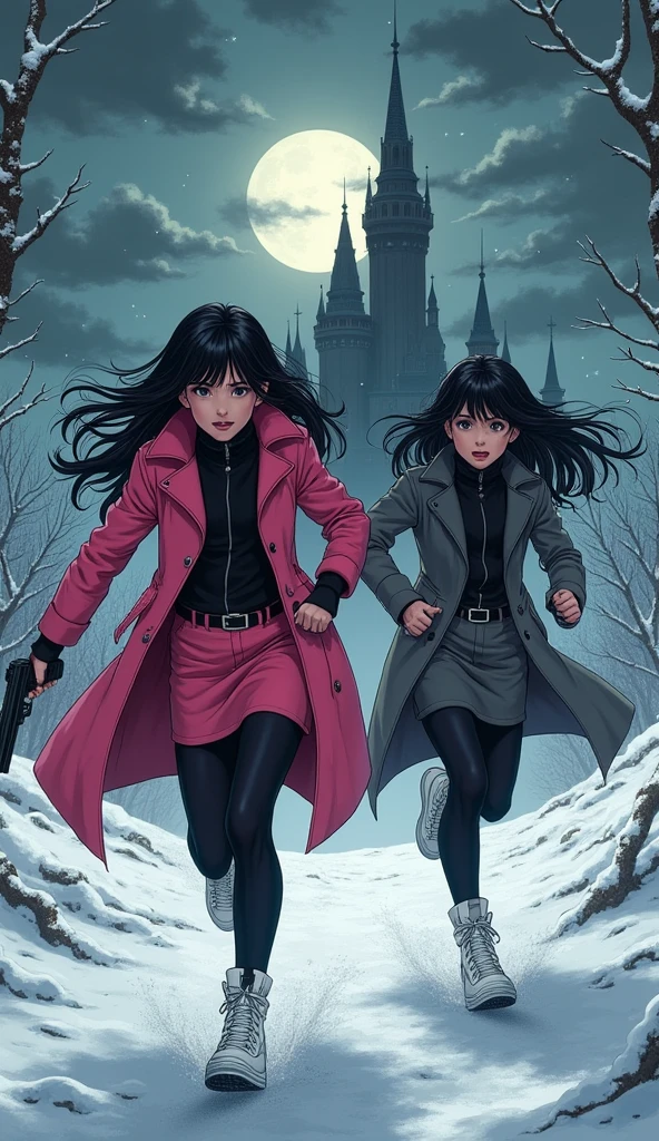 Two girls, long black hairs, yuri, Vampire Hunters

The first girl wear a pink long coat, black shirt, pink pencil skirt, black underpants, black tights, black gloves, white sneakers high top, holding a one pistol gun on right hand.

The second girl wore a grey long coat, black shirt, grey pencil skirt, black underpants, black tights, black gloves, white sneakers high top, holding a one pistol gun on left hand.

running forward and heading towards the vampire castle, snowing, black grey sky, fantastic night sky, moon, cartoon novel, 4K, HD
