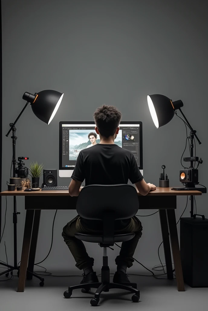 anyway boy sitting on chair behind the table in studio with PC and grade background in black shirt and cargo