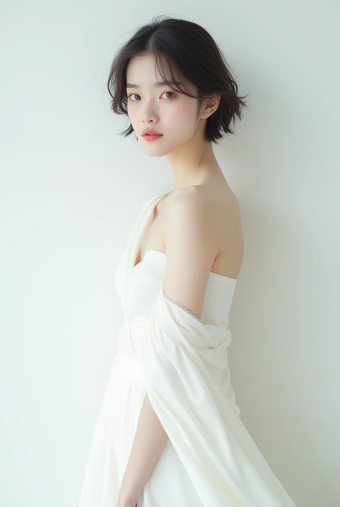 A 30-year-old woman standing against a white wall,short hair,Fluttering Hair,White Dress,White skin,Double Eyes,Natural Makeup