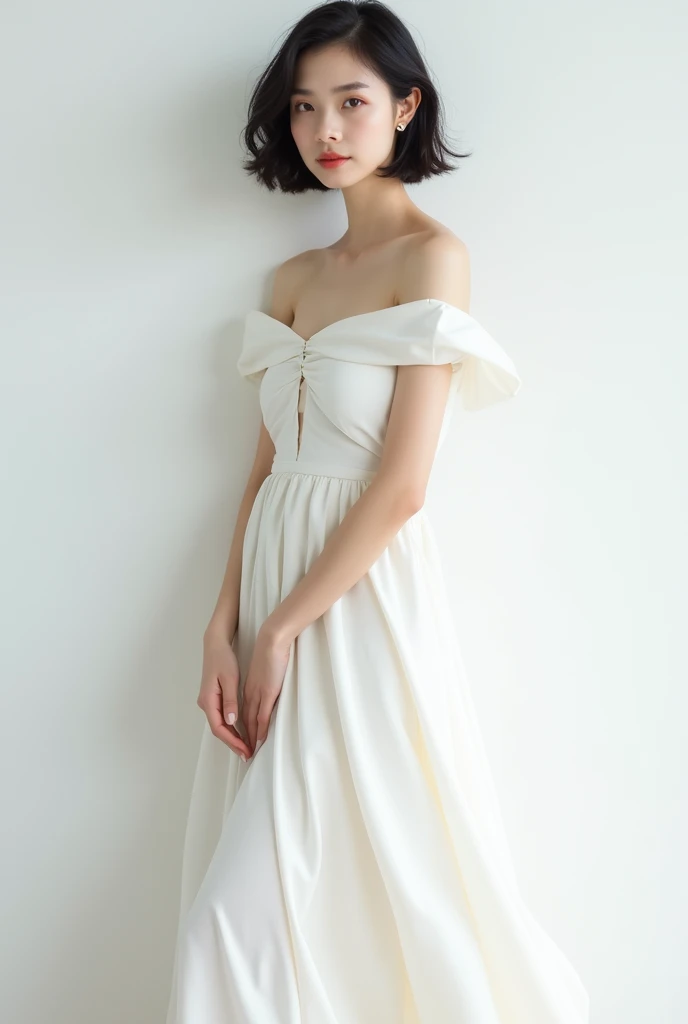 A 30-year-old woman standing against a white wall,short hair,Fluttering Hair,White Dress,White skin,Double Eyes,Natural Makeup