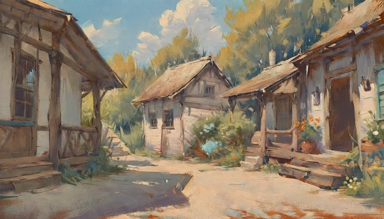 A beautiful nostalgic image, a wooden porch with sunlight, dreamlike, sunny, beautiful, nostalgic, masterpiece, blue sky, warm colors, bloom, visible brushstrokes, painterly, detailed painting, lovely, incredible art