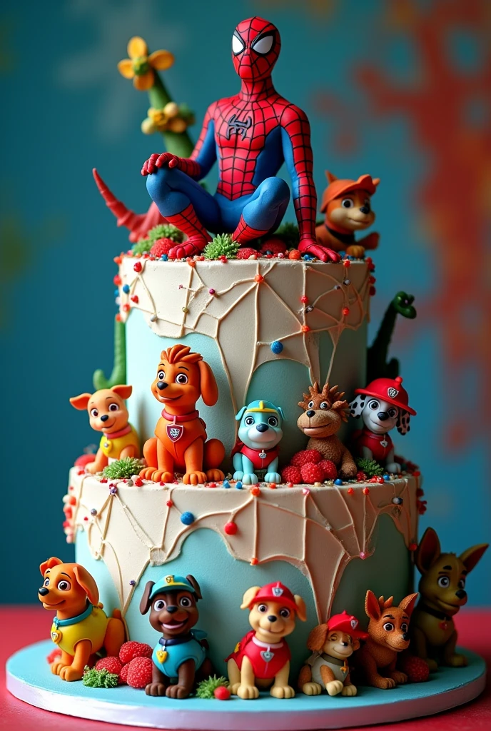 Spider-Man birthday party cake, with the paw patrol and dinosaurs