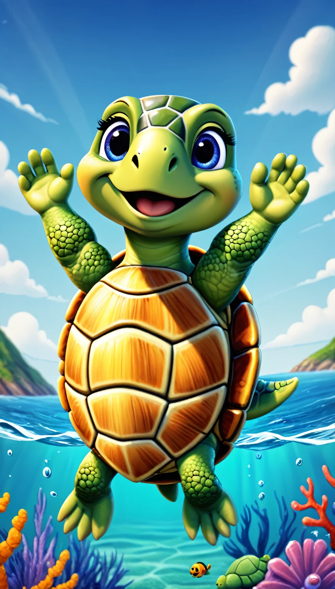 cute turtle, cartoon , arms, hands ,cute eyes, looking at viewer, arms up, sea