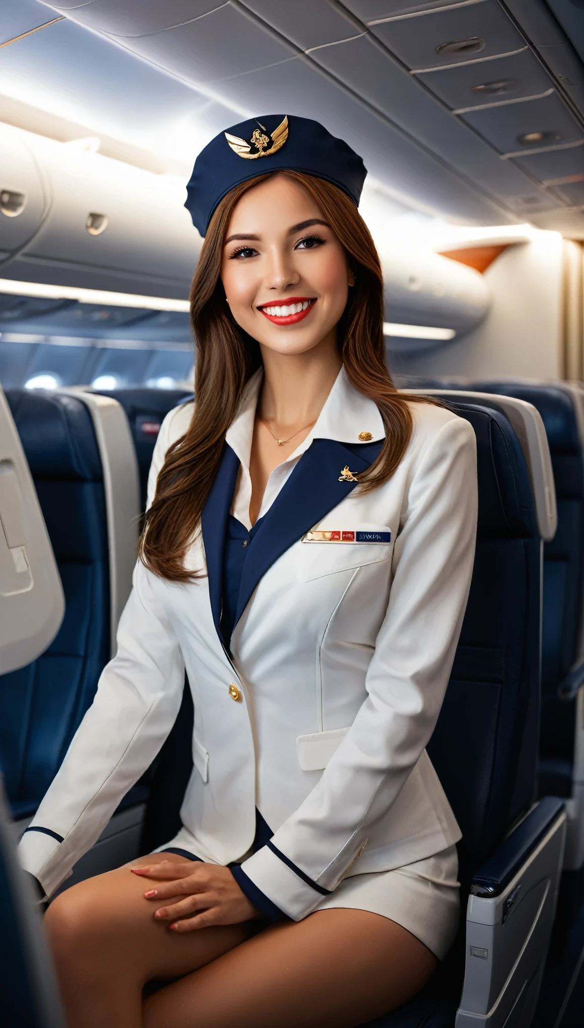 long shot scenic professional photograph of photorealistic, masterpiece, best quality, raw photo, 1girl, 23 years old, medium breasts, long hair, brown hair, wide sexy smile, exposing pearl white beautiful teeth, cosplaying Delta Airline Stewardess, collared professional airline badged uniform with cap, on-board service in luxurious First Class, B-787 Dreamliner First Class cabin, looking at viewer, goddess, long legs, open legs, from front, dynamic lighting, dynamic poses, in the dark, deep shadow, low key, intricate detail, detailed skin, pore, highres, hdr, perfect viewpoint, highly detailed, wide-angle lens, hyper realistic, with dramatic sky, polarizing filter, natural lighting, vivid colors, everything in sharp focus, HDR, UHD, 64K