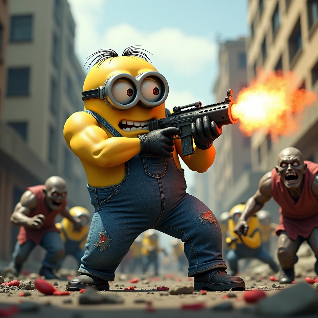 A buffed-up minion shooting zombies in 3D