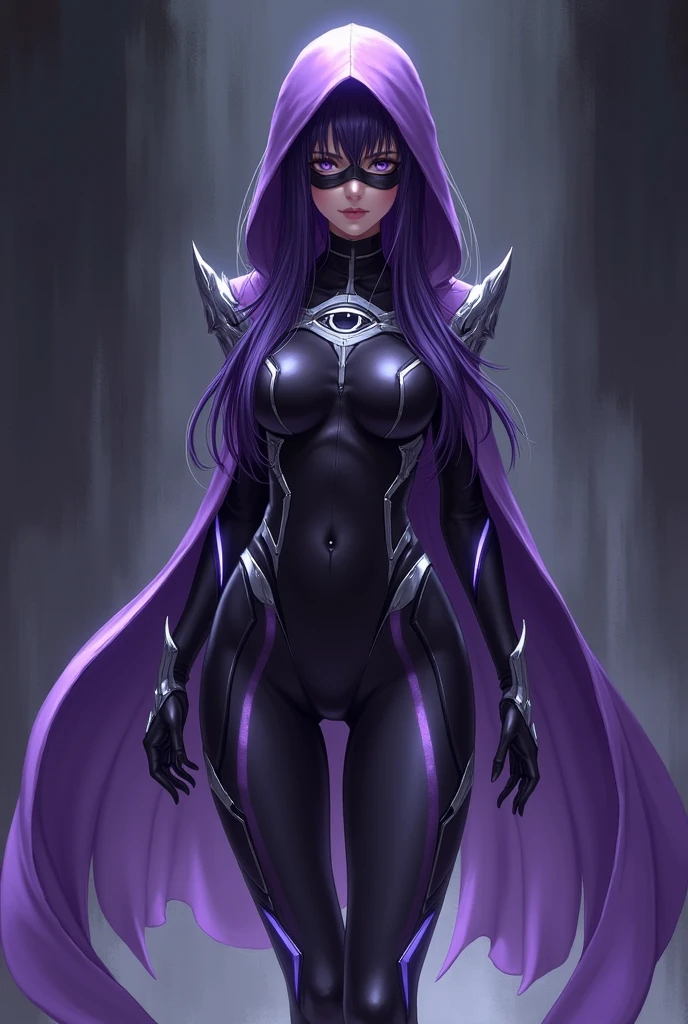 Nao Hoshino, the heroine Mirage, has long, straight dark purple hair, lilac eyes and fair skin. Her heroine costume is a skintight uniform in shades of purple and black with silver accents., that reflects light to aid in your illusions. She wears a hood that covers part of her face and a black mask around her eyes.. The costume includes long gloves, knee-high boots and a short cape that moves fluidly. On the chest, she carries a silver eye-shaped symbol, representing his power to create illusions. Make the full body image 