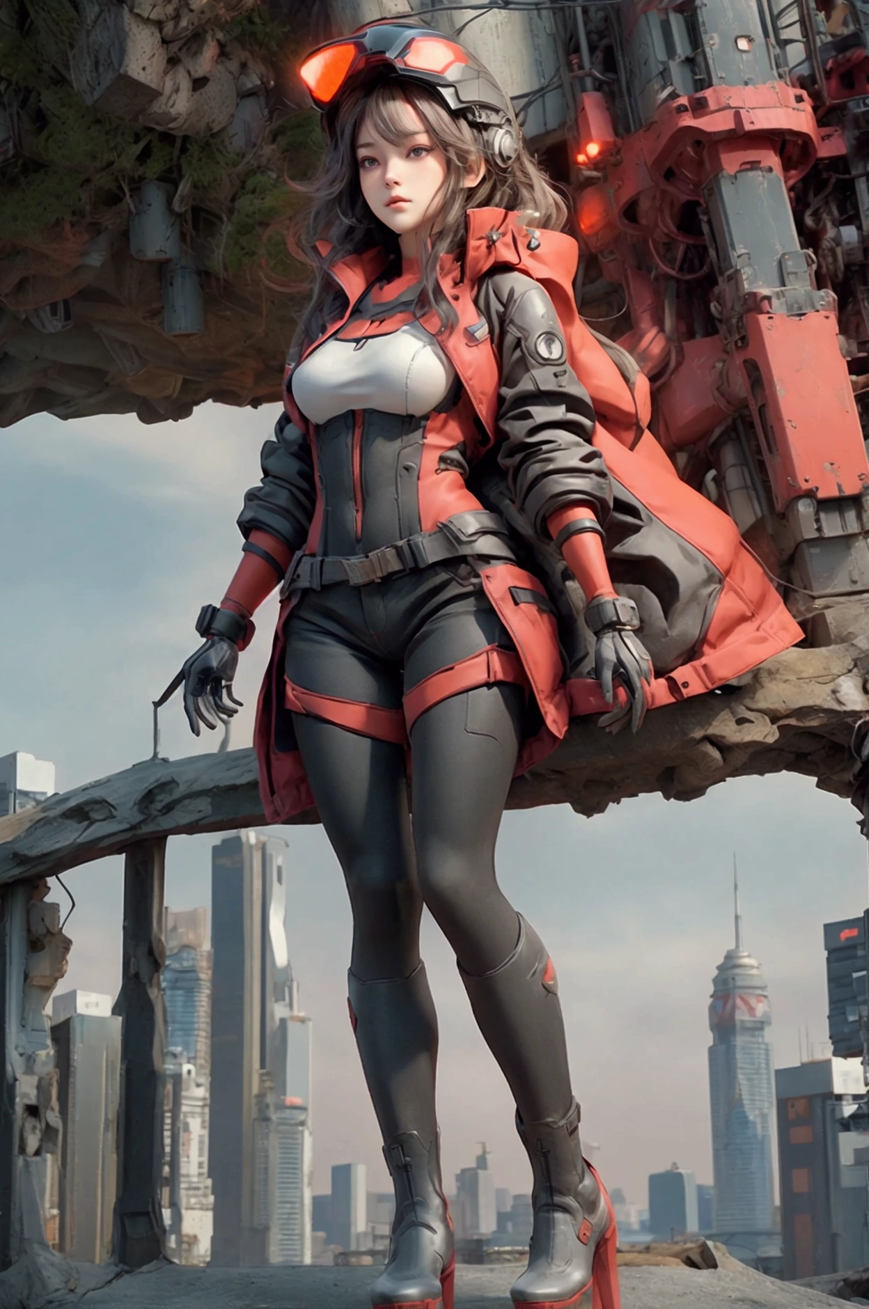 Angle from directly below、whole body、Sitting、Looking up pose、Full Face Helmets、Half Machine Body、Neck of the machine、Left arm of the machine、The machine's left leg、The city towers above.、Mechanical cityscape、Red Neon、Image in black and red shades、Contrast、Black clothes、Futuristic Suit、Large size raincoat、Platform boots、shorts、Realistic texture、Hair blowing in the wind、Backlight、
