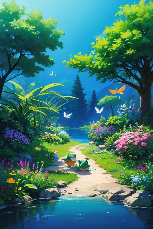 Draw a serene and peaceful lake, surrounded by lush and colorful plants. On one of the banks, a small frog is sitting, happy and satisfied. Around the lake, there are other friendly animals such as birds singing, butterflies dancing and dragonflies buzzing. Create a magical and enchanting scene that will transport children to a world of imagination and adventure!  