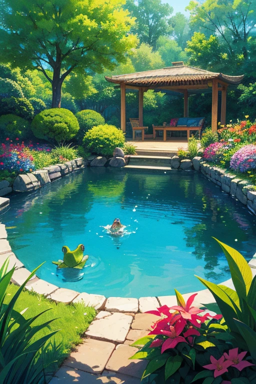 Draw a serene and peaceful lake, surrounded by lush and colorful plants. On one of the banks, a small frog is sitting, happy and satisfied. Around the lake, there are other friendly animals such as birds singing, butterflies dancing and dragonflies buzzing. Create a magical and enchanting scene that will transport children to a world of imagination and adventure!  