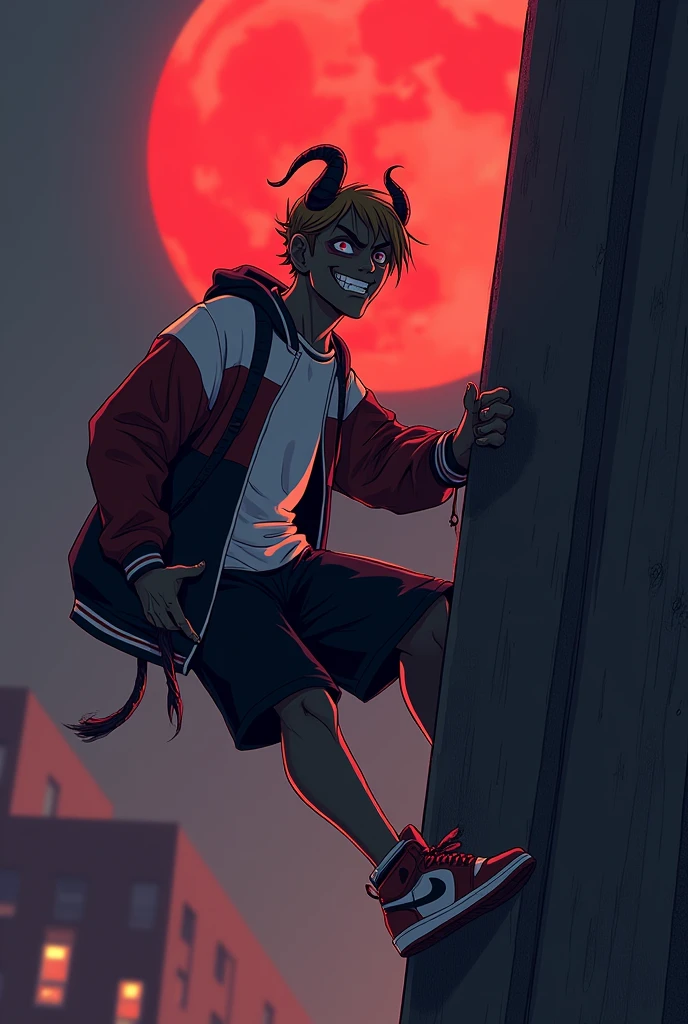 generates a scene of suspense and terror, cartoon style, a male character, light brown, of hair, negro, very short pointed,backward, with horns coming out of his forehead and are the color of his skin, which is bathed in a deep red light, His eyes are black and bright red, He is wearing a white loose t-shirt, a jacket with a collar, black and red, Black shorts and large Jordan-style sneakers. He is climbing a building with his bare hands, A smile can be seen on his face. The setting is a city in modern times, at night, There is a blood moon and all the lighting is red. The character's expression of hatred creates an atmosphere of suspense and fear.. three-dimensional effect, subtle horror movie style, noise effect. {{mix of bold dark lines and loose lines}}, isometric, three-dimensional effect, cinematic lighting.