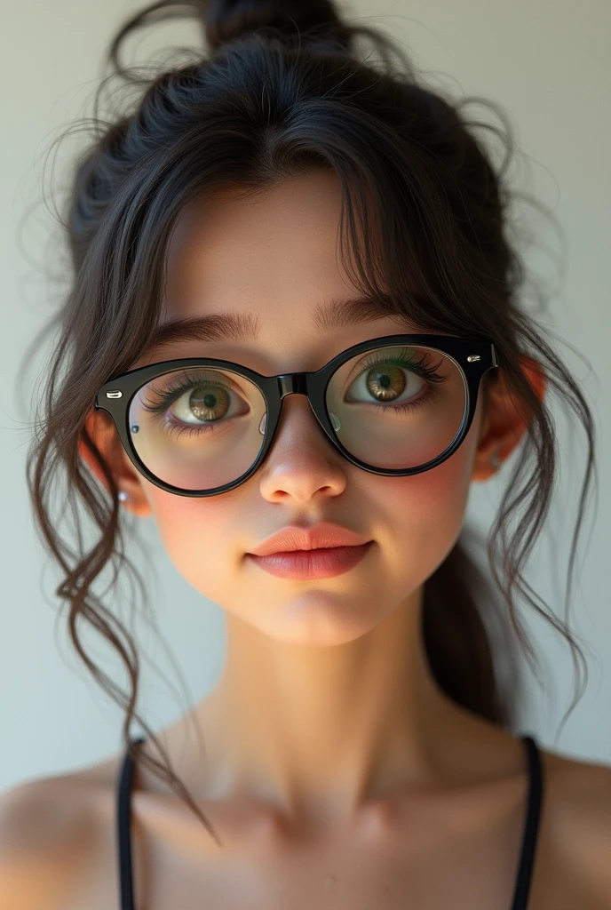 A age female with dark brown eyes, with broken hair, thick lips, high, thin and with a nice smile, put on oakley glasses,3d render
