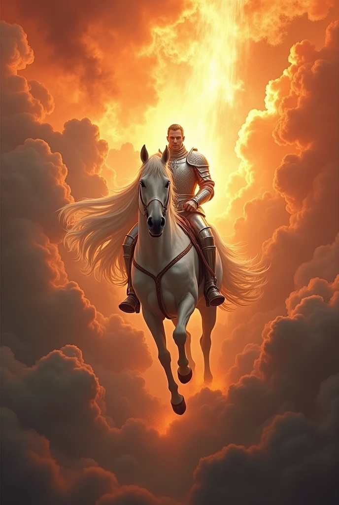 create a Realism-style image of a knight riding a white horse and white armor descending from the fiery skies