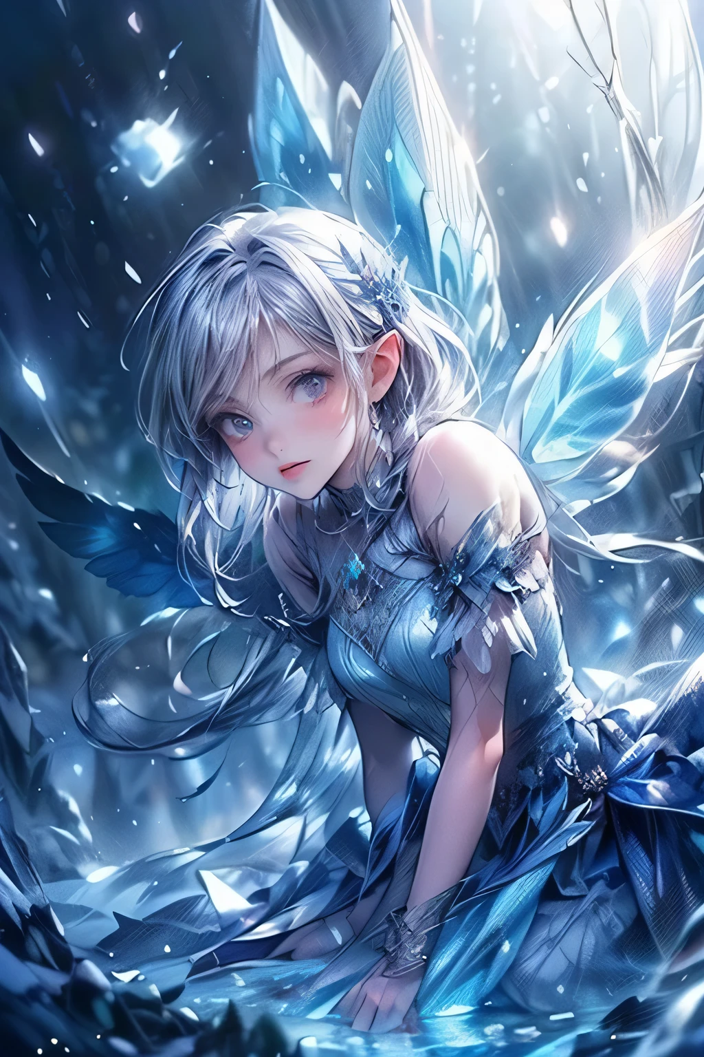 a fairy in blue costume standing on mysterious foggy snow, 1girl, solo, blue eyes, pointy ears, long blue hair, bangs, hair ornament, blue dress, fairy wings, looking at viewer, blush, (best quality,4k,8k,highres,masterpiece:1.2),ultra-detailed,(realistic,photorealistic,photo-realistic:1.37),fantasy,magical,whimsical,soft lighting,mist,snow,winter