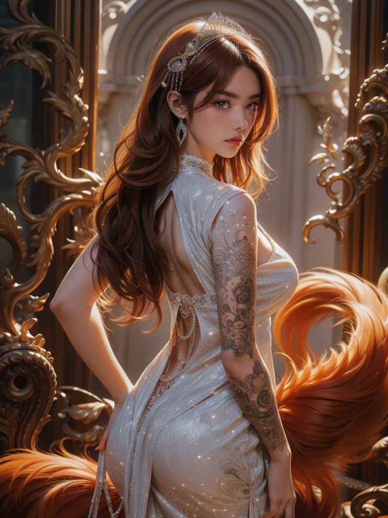 REALISTIC VISION 1.4, BETTER VAE,sharp focus, ultra detail, 32k,realistic photo, intricate details, kitsune, orange hair, oranfe eyes, intricate details ,woman, nine tails,intricate details,intricate details,big , Voluptuous body, intricate details, Miko,clothes long white dress with red details intricate details,tattoos intricate details,full body, backwards, looking back