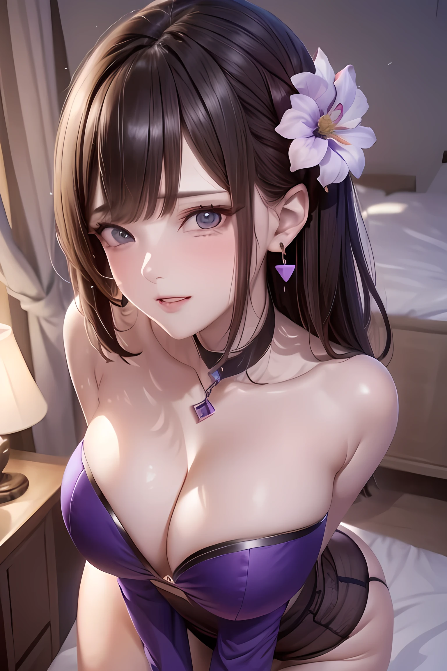 ((Highest quality)), ((masterpiece)), (detailed), Perfect Face, ((Highest quality, 8k, masterpiece: 1.3)), Sharp focus Beautiful woman with perfect body, Slim abdomen, Highly detailed face and skin texture, detailedな目, double eyelid, Brown Hair, Low Twin Blade, Hair Flower, Heart Earrings, From behind, Captivating smile, Seductive pose, Bedroom, Dimly lit room, Purple lighting