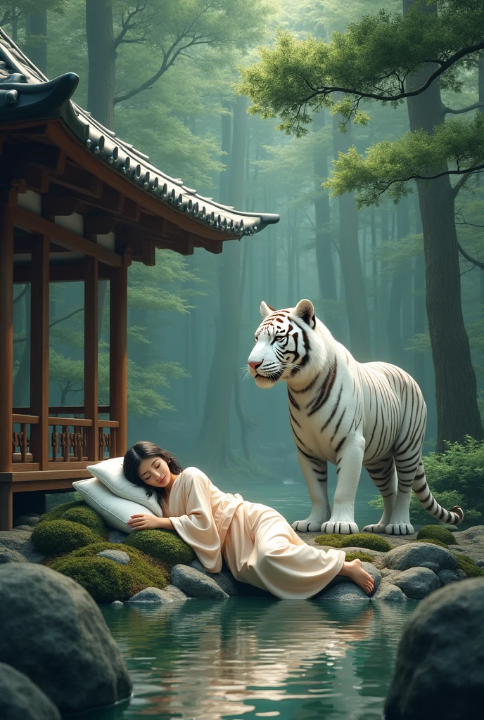 A space black-haired fairy girl in a kimono smiles and sleeps.  A wooden Zen temple in the forest. Under the pine trees.，Tyrannosaurus，A large white tiger gently guards