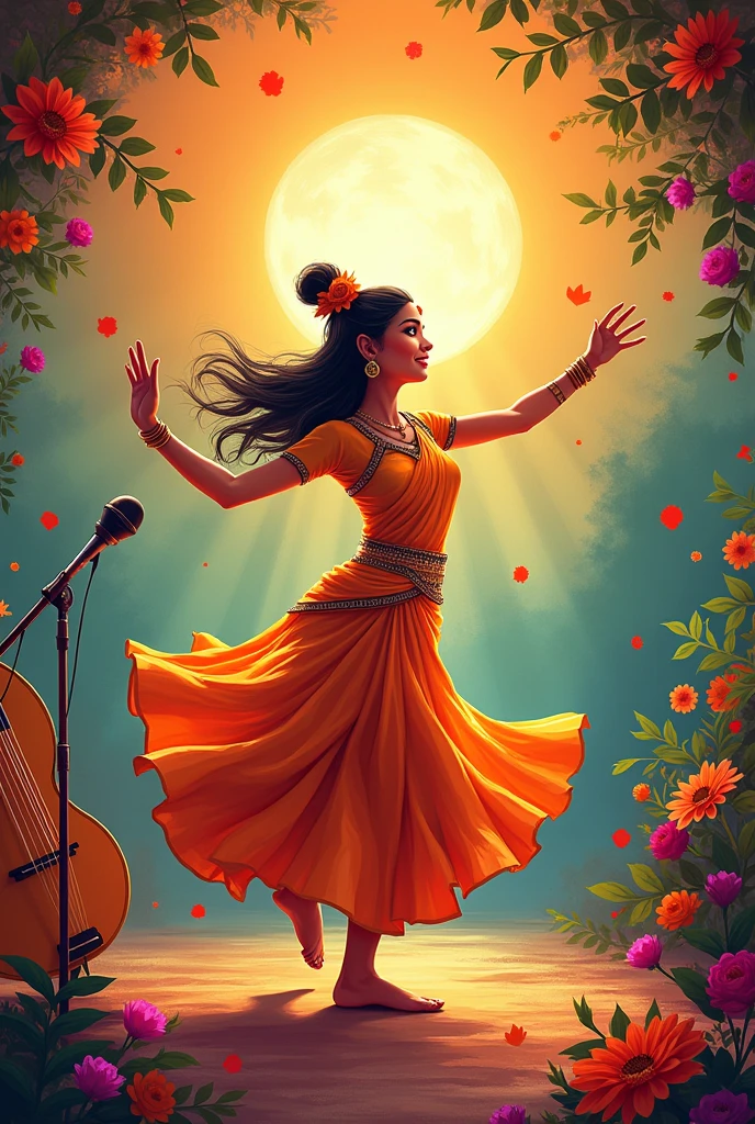 Please generate a poster background with instrument Veena, a microphone, a girl dancing mohiniyattam , a painting brush please include all these as background images maybe like watermark