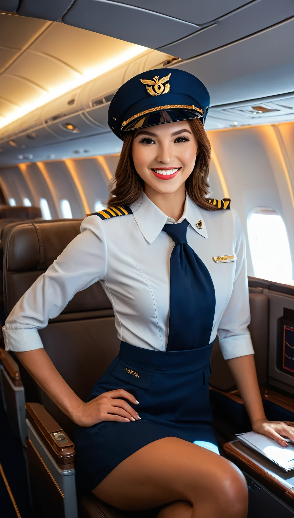 long shot scenic professional photograph of photorealistic, masterpiece, best quality, raw photo, 1girl, 23 years old, medium breasts, long hair, brown hair, wide sexy smile, exposing pearl white beautiful teeth, cosplaying Delta Airline Stewardess, collared professional airline badged uniform with cap, on-board service in luxurious First Class, B-787 Dreamliner First Class cabin, looking at viewer, goddess, long legs, open legs, from front, dynamic lighting, dynamic poses, in the dark, deep shadow, low key, intricate detail, detailed skin, pore, highres, hdr, perfect viewpoint, highly detailed, wide-angle lens, hyper realistic, with dramatic sky, polarizing filter, natural lighting, vivid colors, everything in sharp focus, HDR, UHD, 64K