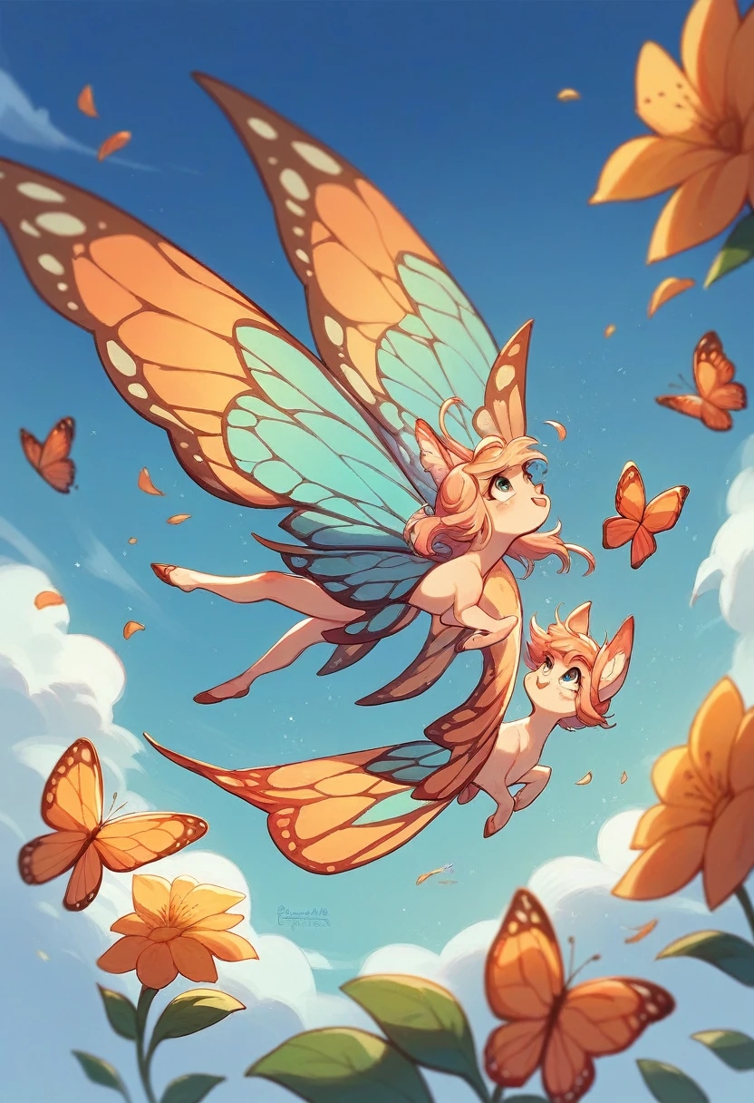 Create an image of a butterfly of blue color with beautiful wings flying on the flower of blue color and there are sprinklers around that butterfly looking like a magical world