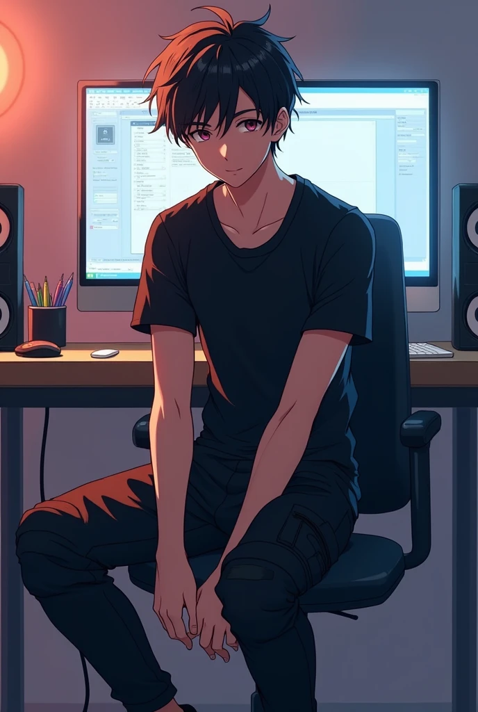 anime boy sitting on chair behind the table in studio with PC and grade background in black shirt and cargo look at front with full 
face 