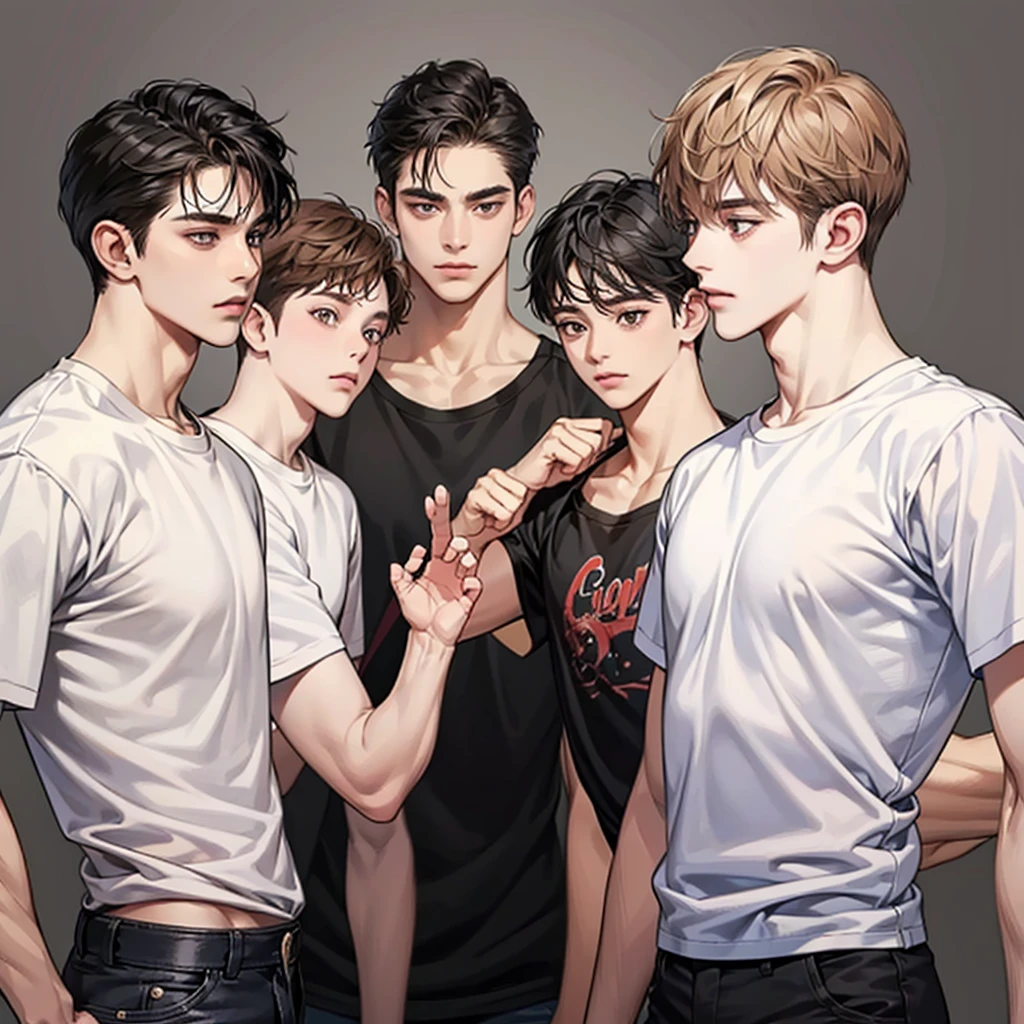 Four boys, black hair, brown eyes, simple background, high resolution, brown hair, stand in a line.., Wear a t-shirt, shut your mouth, handsome, cool,