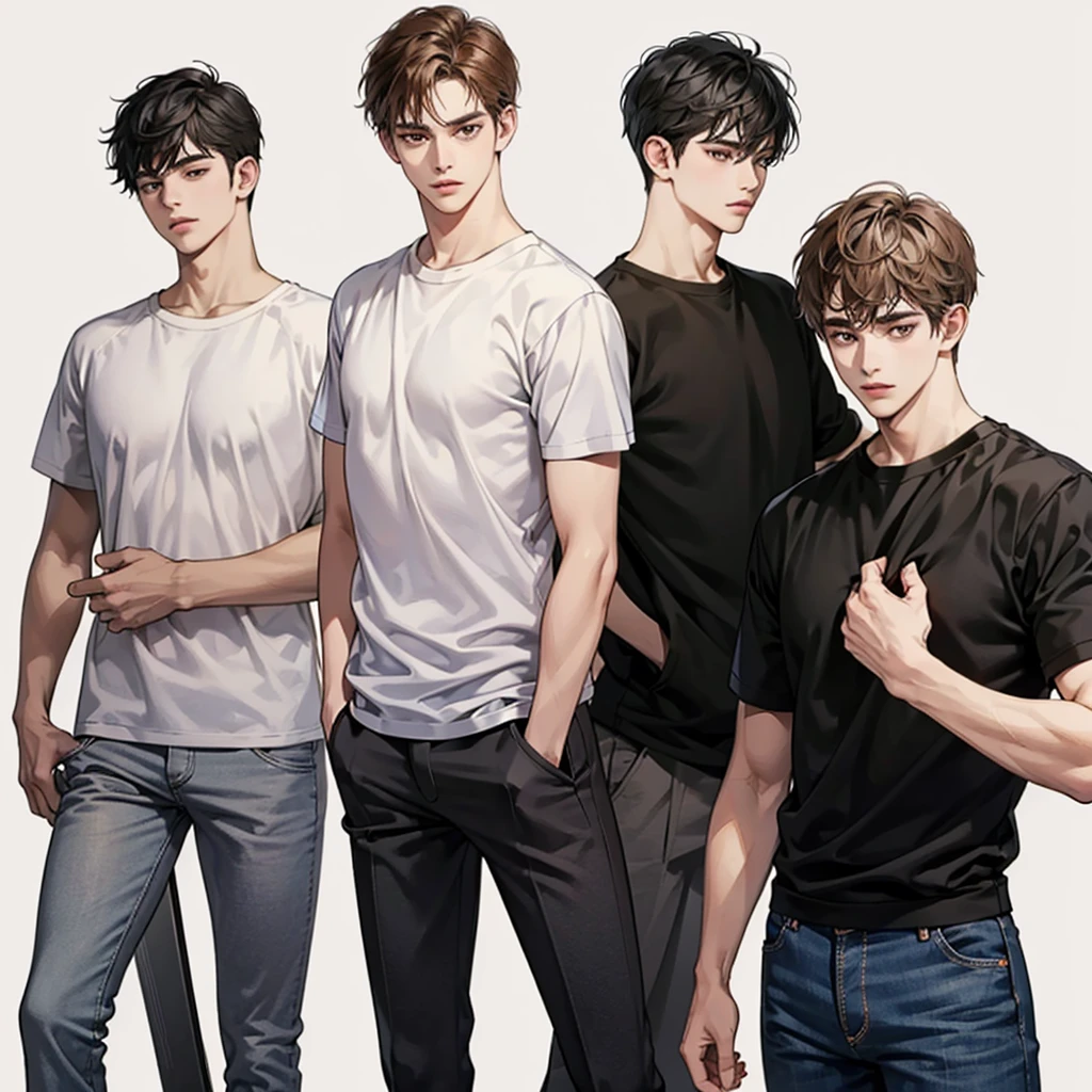 Four boys, black hair, brown eyes, simple background, high resolution, brown hair, stand in a line.., Wear a t-shirt, shut your mouth, handsome, cool,