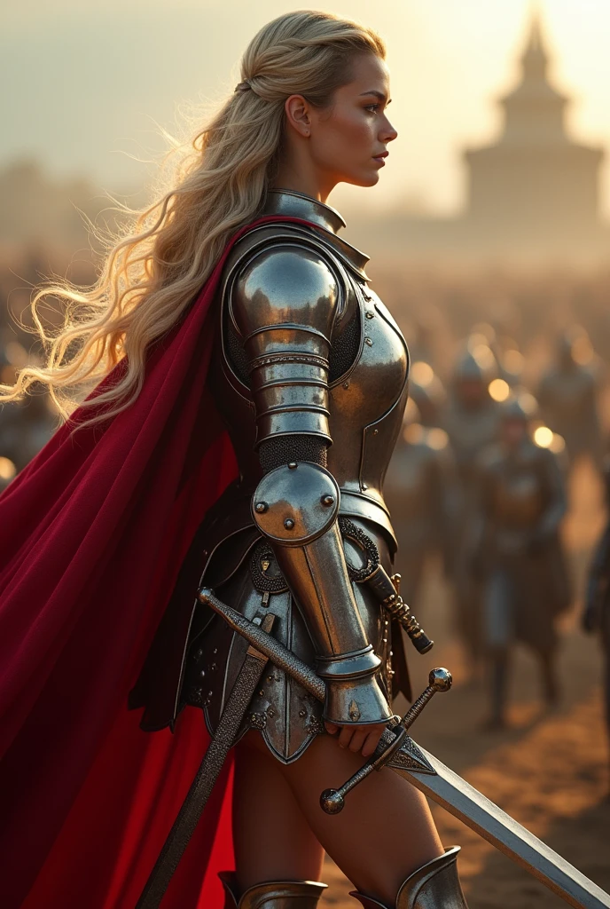 A movie poster depicting a female knight wielding a sword on a battlefield with the words "SeaArt x infinity" written in large letters in the center, ((masterpiece, top quality, High resolution, Highly detailed 8K unified CG wallpaper)), (huge shot of stunning goddess, Very hot and sexy, Amazing beauty, perfect proportions, beautiful body, slim body beauty:1.3), (A medieval female knight in luminous armor:1.5), (Her long blonde hair is pulled back., Wearing armor over bare skin, red cape on back, Harnessed in finely crafted, Detailed armor, with a sword hanging from a thick belt:1.5), visible thighs, view from above, female knight,
