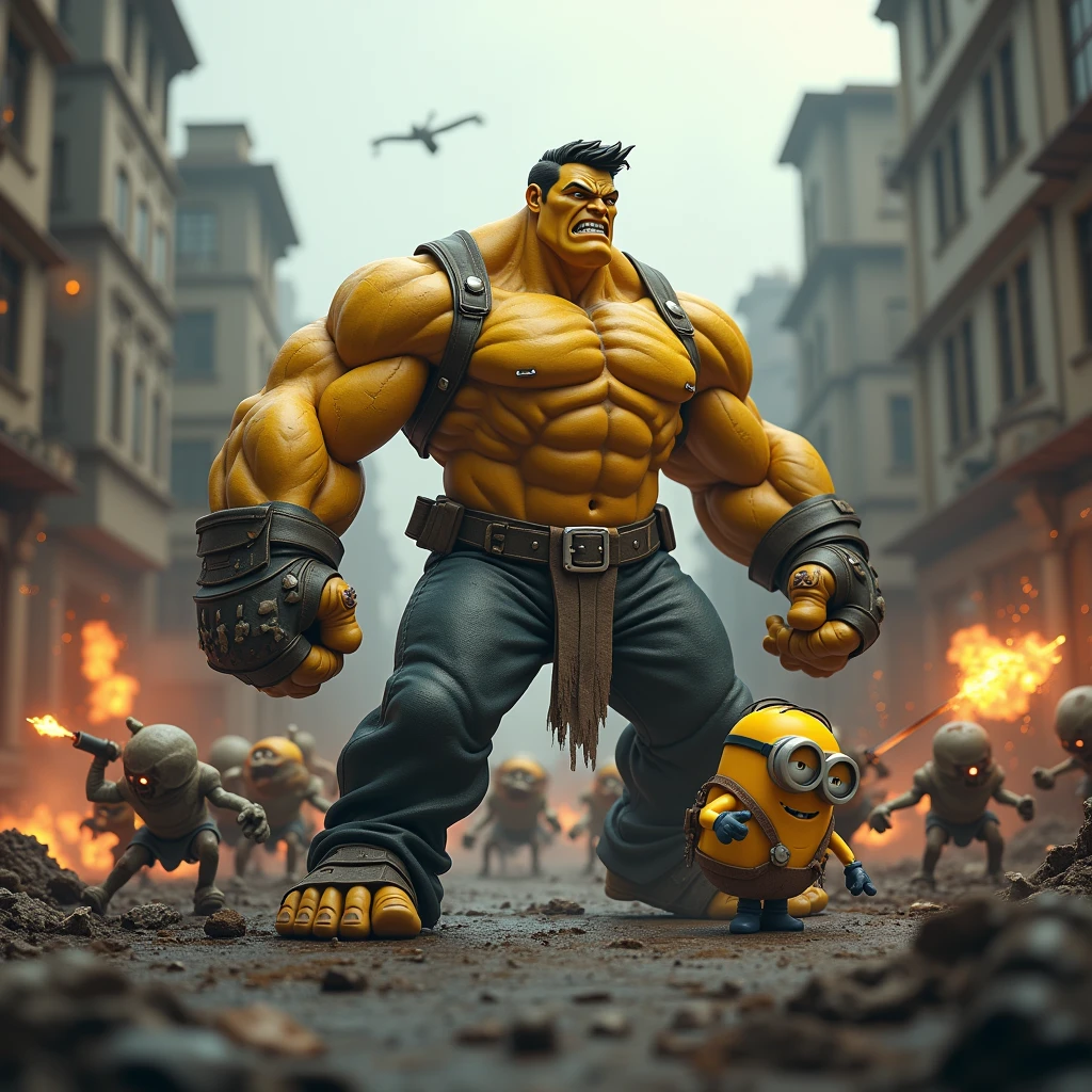 A buffed-up minion shooting zombies in 3D