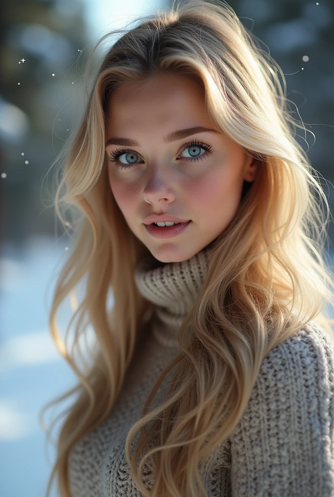 8k, top quality, intricate details, ultra detail, ultra high resolution, masterpiece, random angle,  slender, smile, (make up: 0.4), (Fluffy blue eyes: 1.21), blue eyes, looking at the viewer, ((Whole body)), 1 girl, Alone, 1 girl, (( Whole body)), close up photography, , ((high)), (((shaped body))), (((thin face))), sharp face, sharp eyes, ((( Golden hair, very long hair,  )) , (detailed face), sharp face, small lips, 
 (()), (()),  detailed face, detailed chest, , pechos bigs, ass detail, , Beautiful girl with accentuated slim abs.: 1.4, strong abs: 1.4, Botox for bust, big, perfect body, leg detail,  (( Moonlight)), in the snow