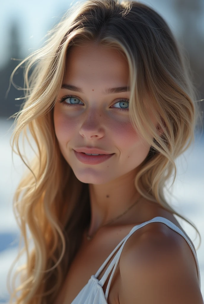 8k, top quality, intricate details, ultra detail, ultra high resolution, masterpiece, random angle,  slender, smile, (make up: 0.4), (Fluffy blue eyes: 1.21), blue eyes, looking at the viewer, ((Whole body)), 1 girl, Alone, 1 girl, (( Whole body)), close up photography, , ((high)), (((shaped body))), (((thin face))), sharp face, sharp eyes, ((( Golden hair, very long hair,  )) , (detailed face), sharp face, small lips, 
 (()), (()),  detailed face, detailed chest, , pechos bigs, ass detail, , Beautiful girl with accentuated slim abs.: 1.4, strong abs: 1.4, Botox for bust, big, perfect body, leg detail,  (( Moonlight)), in the snow