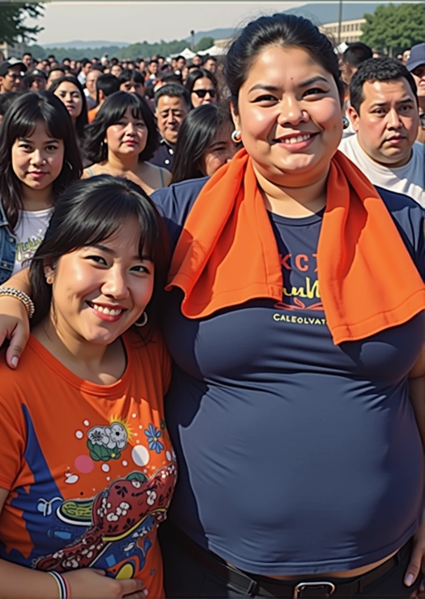 several people are posing for a picture in front of a crowd, profile pic, profile picture, very very low quality picture, having a great time, group photo, with the sun shining on it, hundreds of them, over-shoulder shot, pictured from the shoulders up, karla ortiz, center of picture, wearing an orange t shirt, discovered photo, Big tits, huge tits, no clothes, sexy, cute, minimal clothes, thick, bbw, chubby stomach, thick nipples, nipple piercings, large areola, hard nipples, piercing through shirt, nipples hard through shirt, busty, major cleavage, naked, ripping through top, spilling over sides, bra too tight, giant tits, extra wide hips, upper body zoom in, showing off huge tits, fat stomach, see through top, fat bbw, large areola showing, major cleavage, latina, down to stomach, wide hips, sexy, upper body zoom, thick arm, showing off , top half only, showing only upper, height difference, down to waist, tall and short girls, belly worship, worship, touching each other sexy, touch other sexy style, tall and short standing next to each other, two thicc girls different heights, no pants, touching , twerk together, height difference, big belly worship, big tits worship