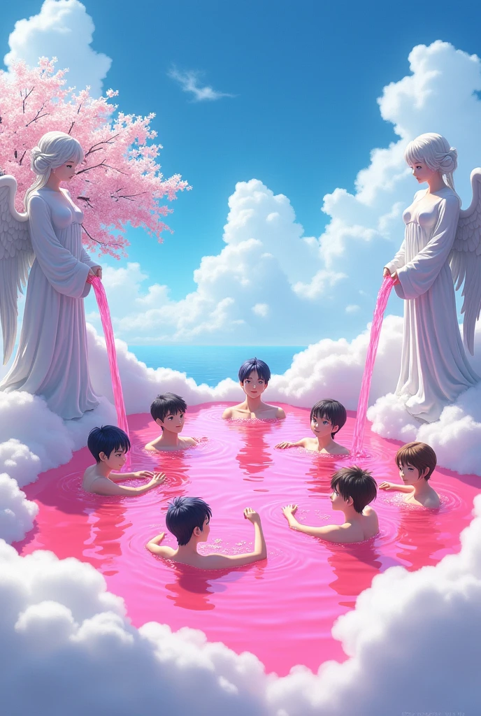 This image has to be in anime, bright pink water, six male agers bathing in it. This bright pink lake is on a cloud and on each side is a statue of a white angel holding a jug and they are pouring the bright pink water into the lake. In the background you can see several other clouds and a beautiful sky and in this cloud that is this bright pink lake is a cherry tree with white flowers.