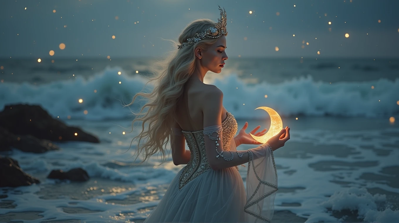 A hyperrealistic and deeply fantastical image of a woman who represents the zodiac sign of Cancer. Her hair, long and wavy, it is adorned with pearls and small seashells that reflect the moonlight. She wears a silver dress with a design reminiscent of the waves of the sea, with a corset decorated with details that imitate the claws of a crab, subtly intertwined with golden threads that shine like sand under the sun. Her makeup is mystical, with eyeshadow that recreates a nocturnal ocean, with sparkles of stars and lunar reflections, while her lips have a soft pearly sheen that evokes the reflected light in the water. In your head, a crescent moon-shaped tiara made of crystals that change color according to the light, reinforcing the connection with the moon and tides. In your hands, holds a beautiful half moon and tiny fireflies shine around it , with transparent gloves decorated with seaweed and bubble motifs, that extend to her elbows. The background is an ocean under the light of a bright full moon, with waves that seem to be suspended in time, shining with ethereal lights. Around the woman, The sky is full of shooting stars and constellations forming mystical patterns.. The scene is enveloped in a luminous mist that connects the sky with the sea, creating a dreamlike and magical atmosphere. Everything in the image, from the colors to the composition, it is designed to capture the aquatic essence, emotional and protective of Cancer, while the fantasy effects make the scene spectacular and unique, as if it were the work of a photographer of magical worlds. with bright magical lights, Warm and soft lighting, vibrant colors, ethereal and atmospheric, Very detailed, 8k, photorealistic, masterpiece